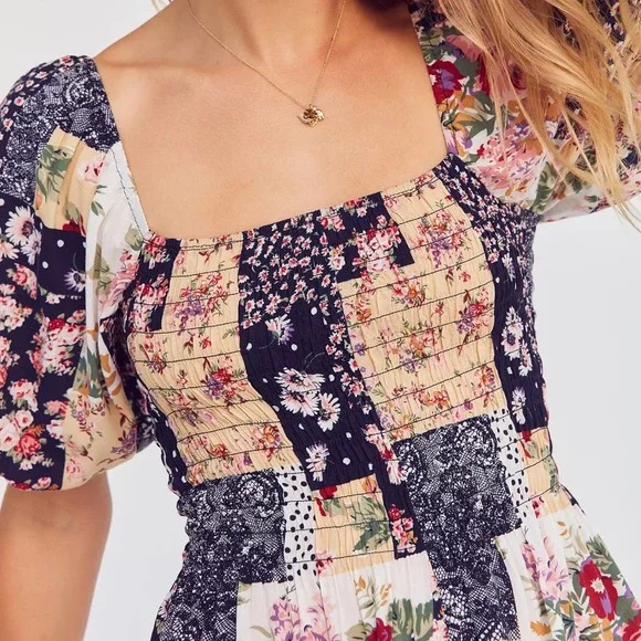 Kimchi Blue Patsy Patchwork Smocked Romper Playsuit w/Square Neckline - Picture 2 of 12